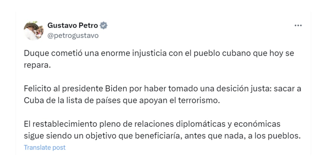 Gustavo Petro responsabilizó a Iván Duque por inclusión de Cuba en lista de países que no cooperan con el terrorismo, de la que finalmente pudo salir - crédito @petrogustavo/X