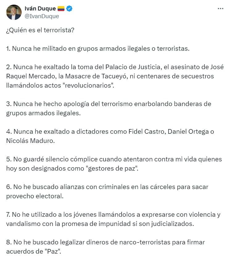 Esta fue la respuesta de Iván Duque ante las acusaciones de "terrorista" de Gustavo Petro - crédito captura de pantalla / X