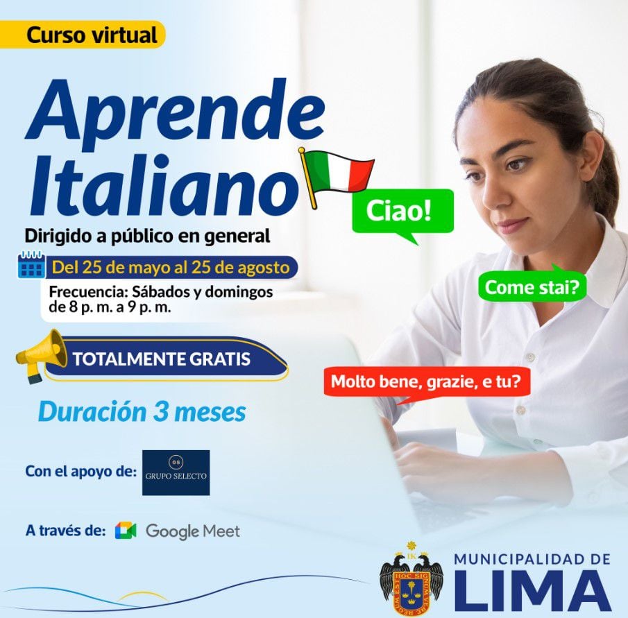 Municipalidad de Lima anuncia curso gratuito de italiano