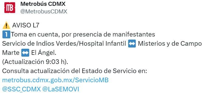 Estado en tiempo real de la red de transporte público terrestre de la capital mexicana.