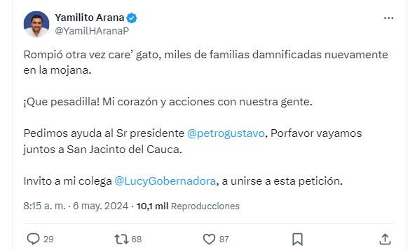 Administración local pidió ayuda del Gobierno nacional para hacer frente a emergencia ambiental en La Mojana - crédito @YamilHAranaP/X