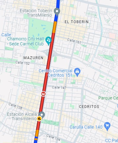 Duro trancón en la autopista norte el domingo 19 de mayo - crédito Google Maps