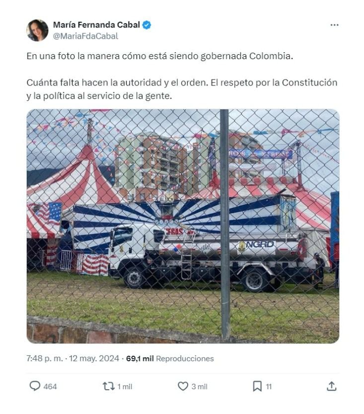 María Fernanda Cabal y sus pullas a la Ungrd por carrotanque en circo