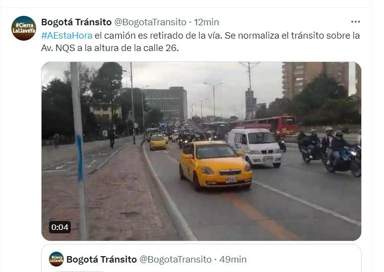 El tránsito en la zona ya fluye con normalidad - crédito @BogotaTransito