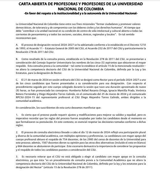 Este es la carta abierta sobre los docentes que aceptan al nuevo rector de la Universidad Nacional, Ismael Peña - crédito Docentes Universidad Nacional