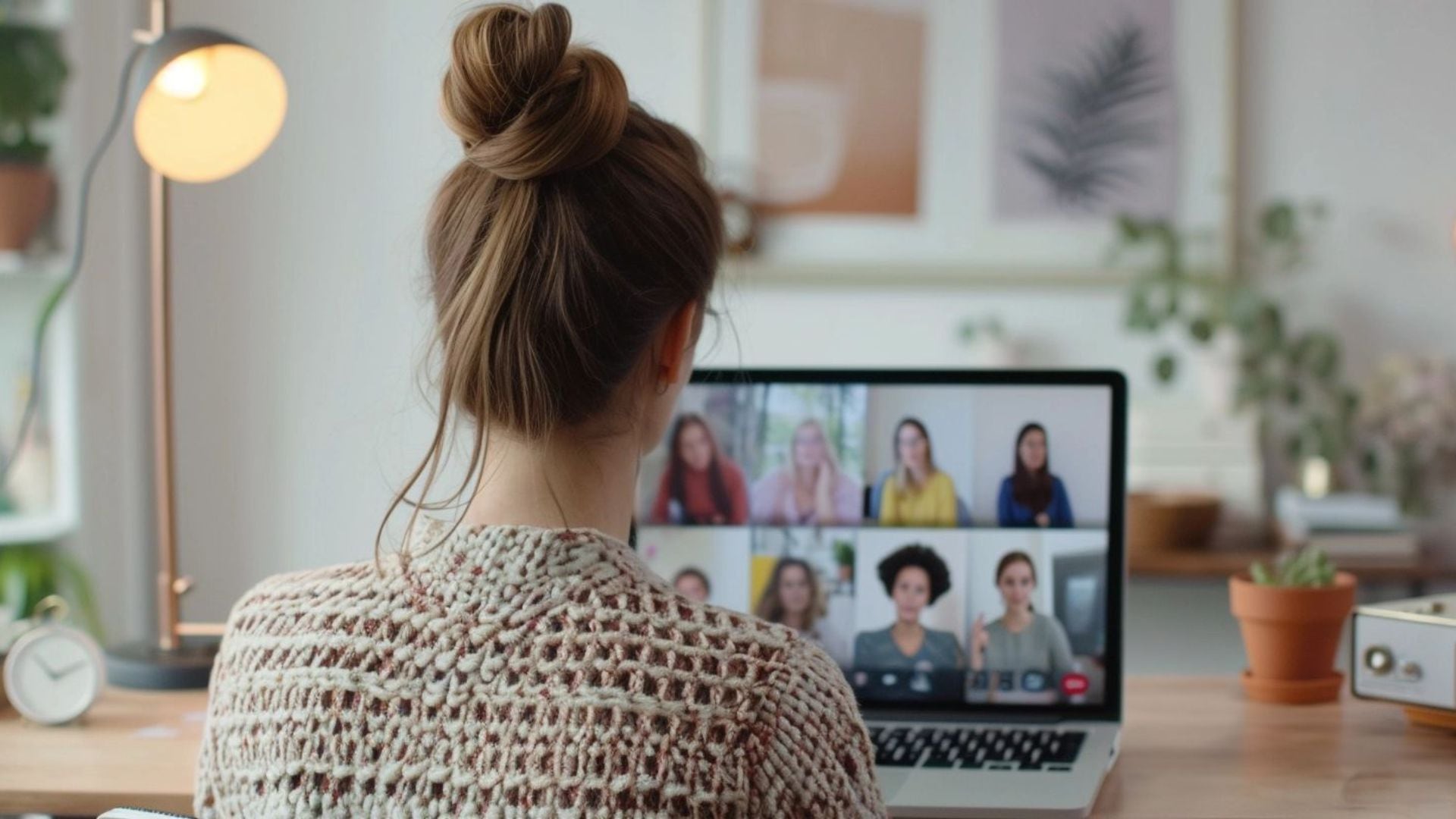 Mujer joven en videollamada de trabajo en su casa departamento, meet, zoom call, home office, trabajo remoto, internet, comunicación, teletrabajo, meeting - visualesIA