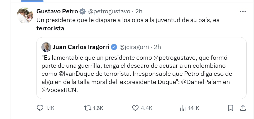 Gustavo Petro aseguró que Iván Duque le disparó a los ojos de la juventud - crédito @petrogustavo/X