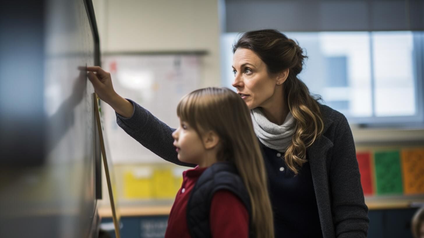 Imagen que representa una maestra enseñando a una niña en un aula escolar, destacando la conexión educativa entre ambos. La educación es esencial para el desarrollo infantil. (Imagen ilustrativa Infobae)