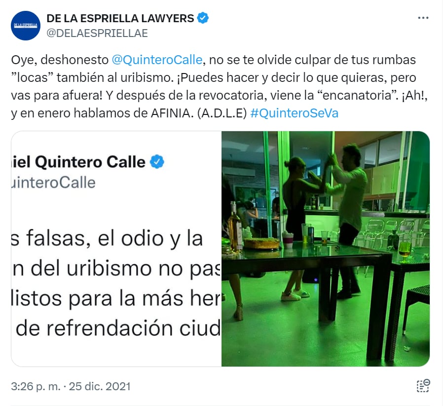 En 2021, el abogado Abelardo de la Espriella publicó una fotografía de una supuesta fiesta privada de Quintero - crédito red social X