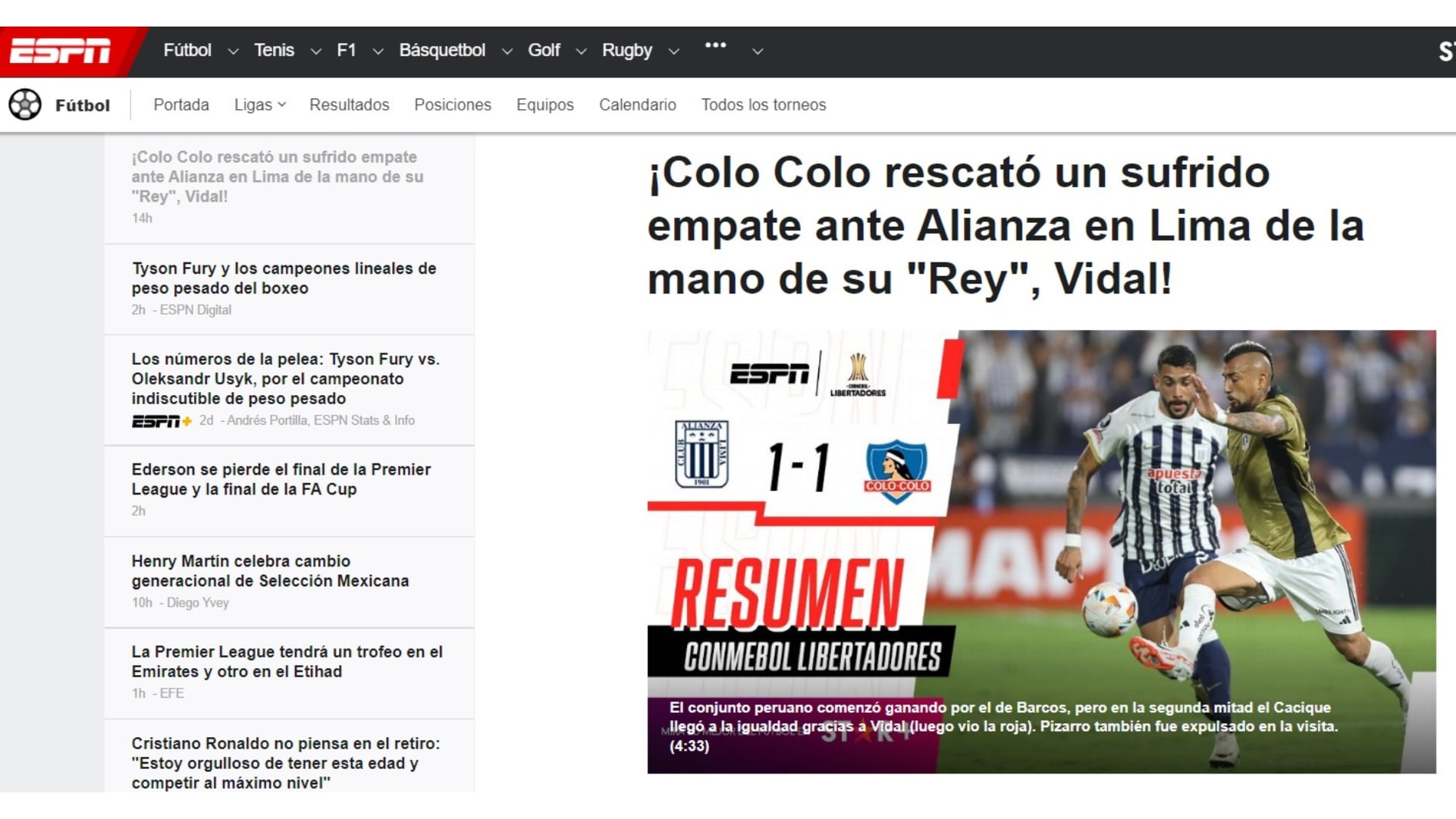 'ESPN Chile' por el empate de Colo Colo ante Alianza Lima en Perú.