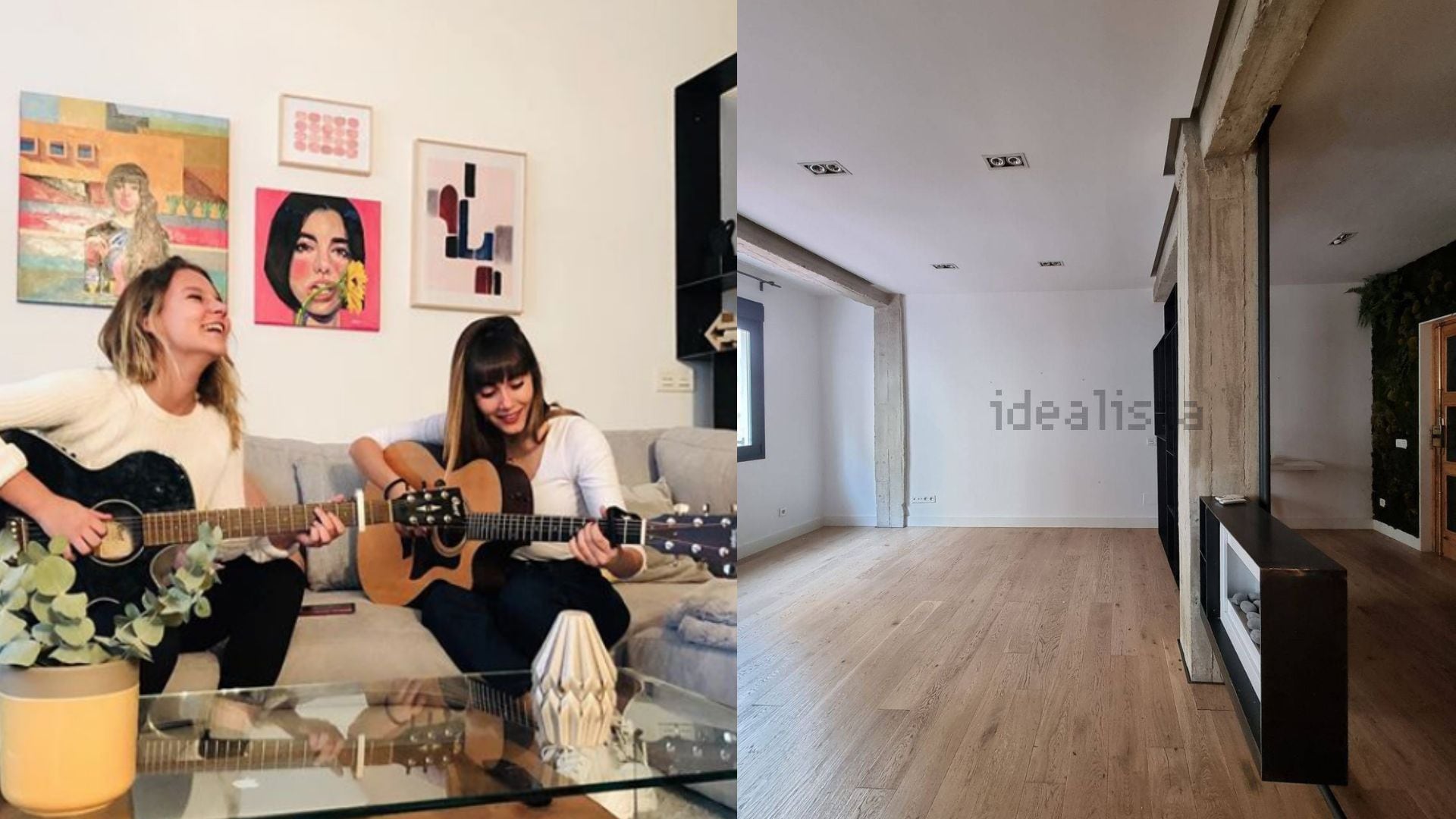 A la derecha una imagen compartida en el Instagram @aitanax. A la derecha la imagen del salón del piso en Idealista