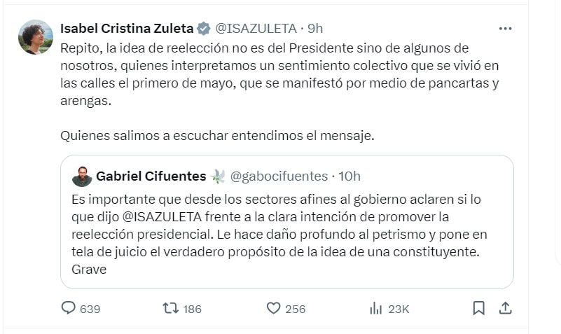 Isabel Zuleta reafirma que la idea de la reelección no es del presidente Petro sino de algunos de sus seguidores - crédito @ISAZULETA