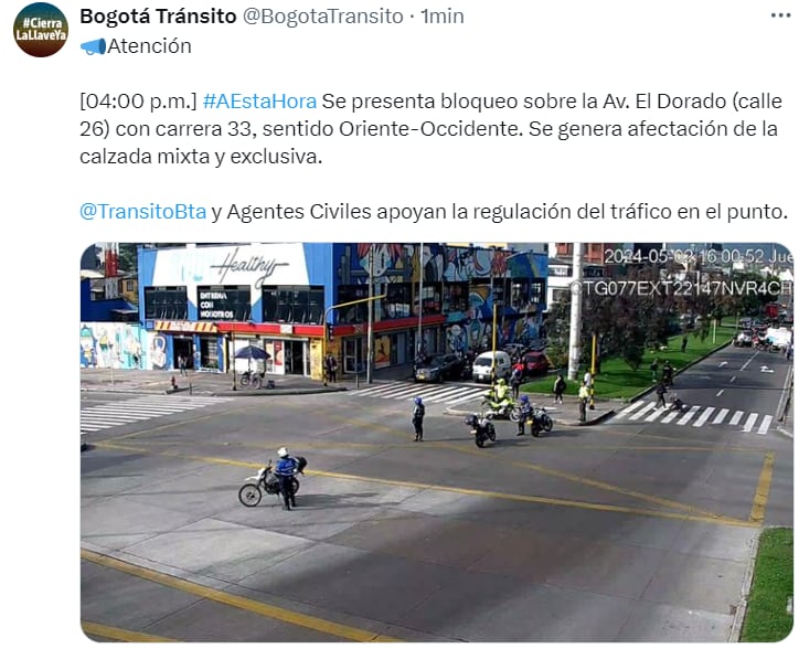 Se presenta bloqueo sobre la Av. El Dorado (calle 26) con carrera 33, sentido Oriente-Occidente. Se genera afectación de la calzada mixta y exclusiva - crédito @BogotaTransito
 / X