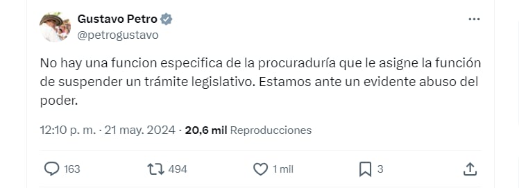 Presidente Petro se pronunció al respecto decisión de la Procuraduría sobre la reforma pensional - crédito @petrogustavo/X