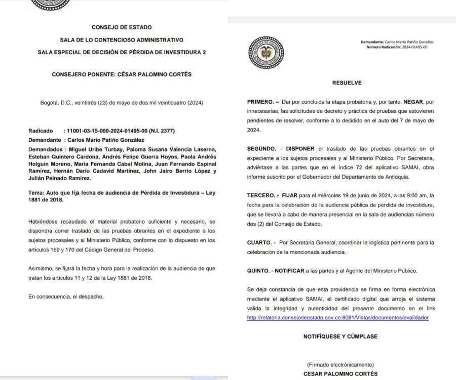 El Consejo de Estado culminó la recolección de pruebas de la denuncia de pérdida de investidura contra congresistas que aportaron a la vaca por Antioquia