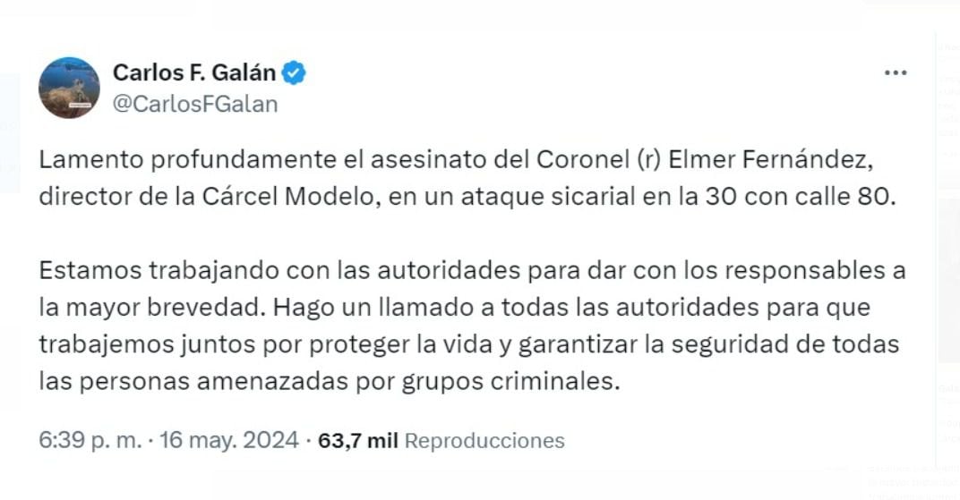 Carlos Fernando Galán rechazó asesinato del director de La Modelo, Élmer Fernández