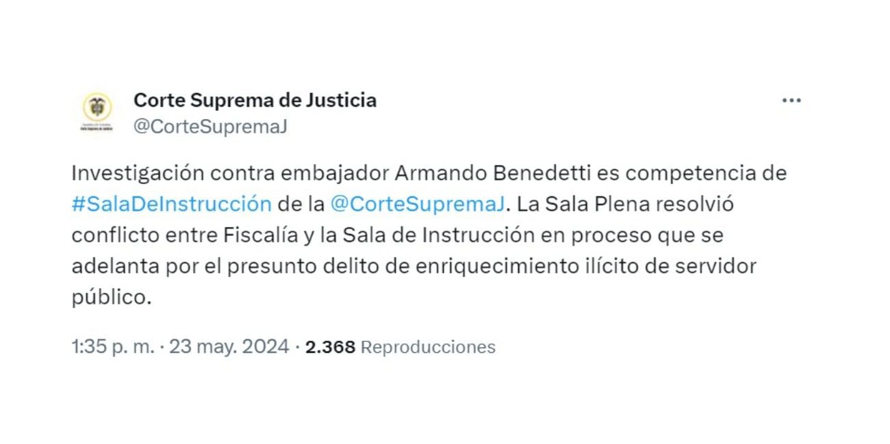 Corte Suprema se pronuncia sobre caso de Armando Benedetti