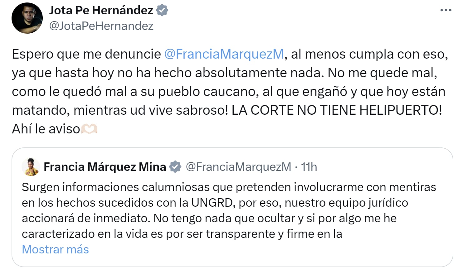 La vicepresidenta Francia Márquez le solicitó a Jota Pe Hernández que se retracte y el congresista le dijo que lo denuncie