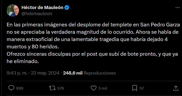 Mauleón tuit pidiendo disculpas foto: X/@hdemauleon