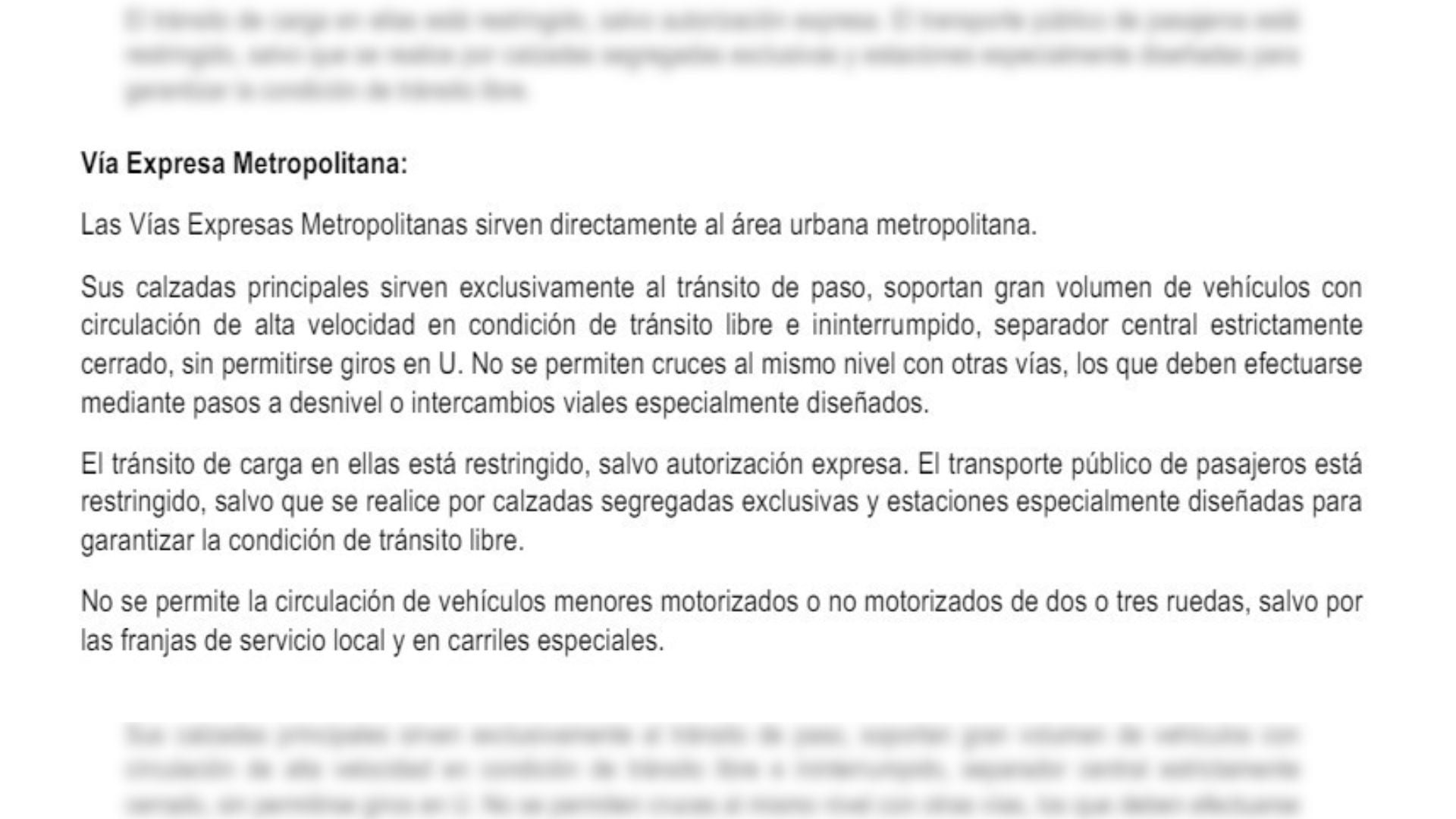 Extracto de la ordenanza municipal N° 2499 que detalla las características de una Vía Expresa.