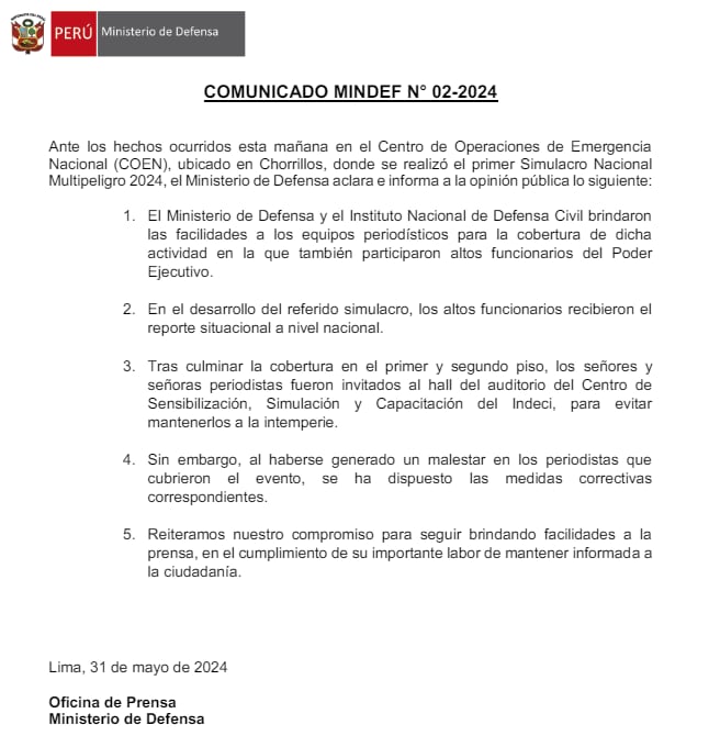 Comunicado del Ministerio de Defensa