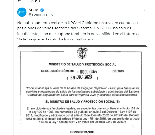 El aumento de la UPC para 2024 no fue suficiente según las EPS - crédito @acemi_gremio