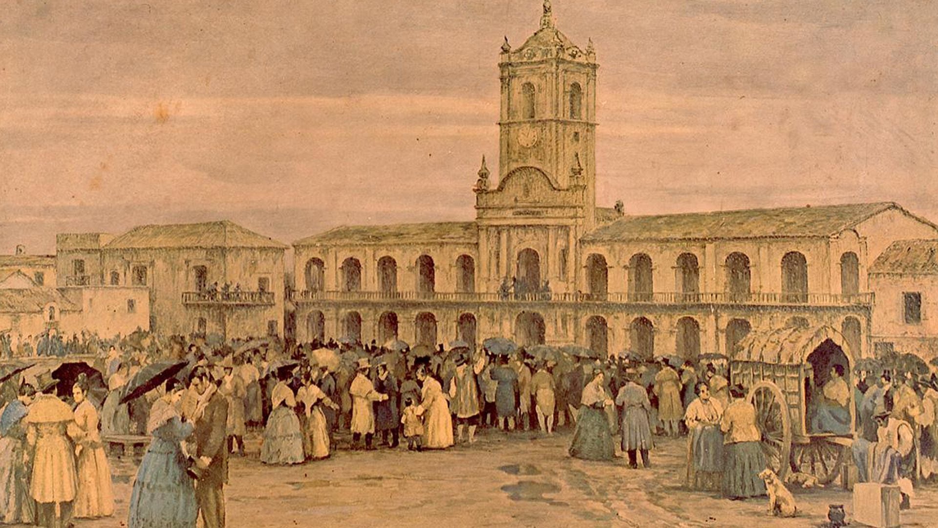 Recreación del 25 de mayo de 1810, cuando se estableció la Primera Junta de gobierno, y el pueblo expectante a la espera de noticias