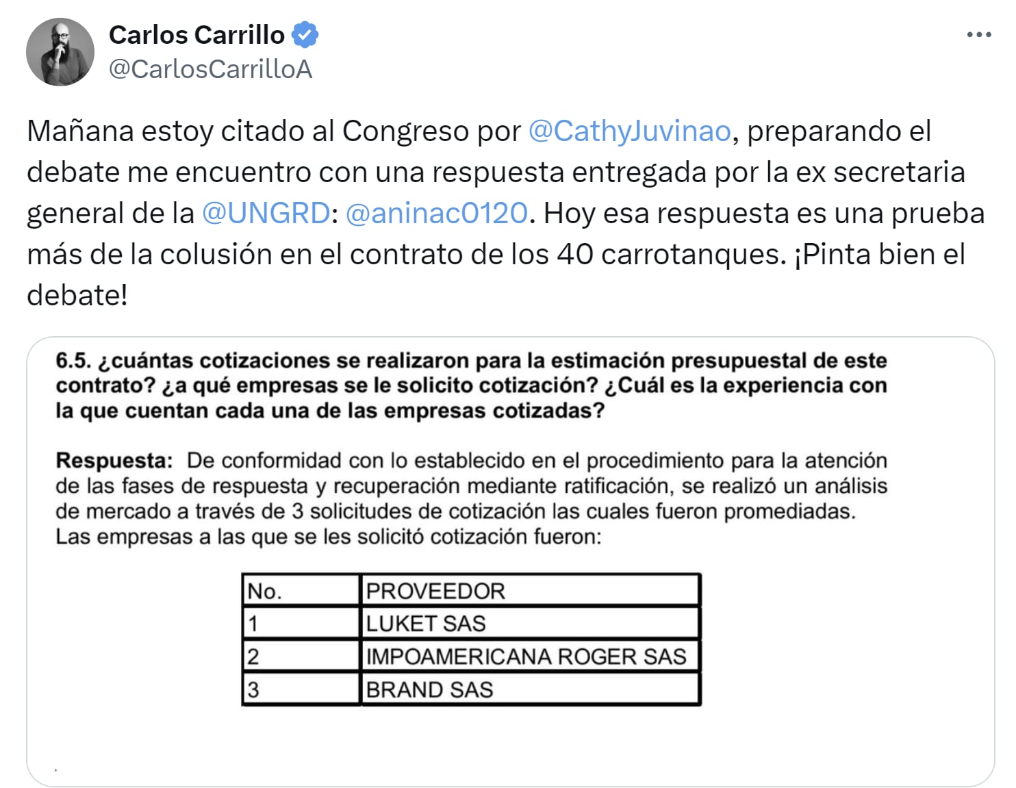 Carlos Carrillo, director de la Ungrd, presentó pruebas contra la secretaria de la entidad