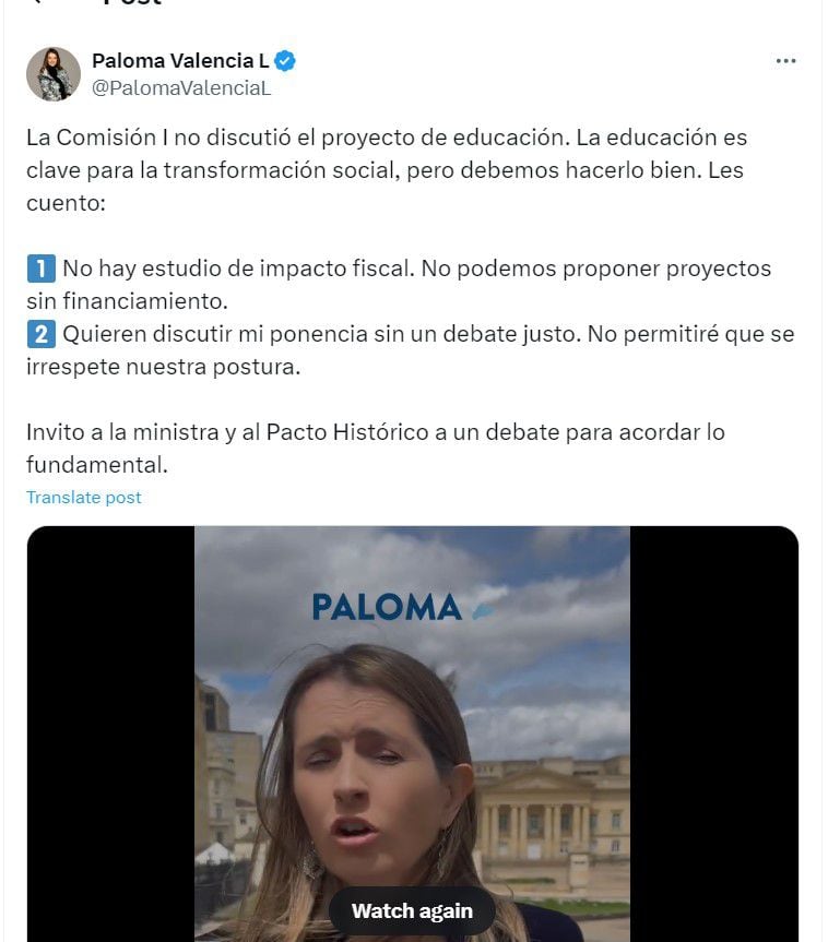 Paloma Valencia dijo que querían discutir su ponencia alternativa a la Ley Estatutaria de Educación "sin un debate justo" - crédito @PalomaValenciaL