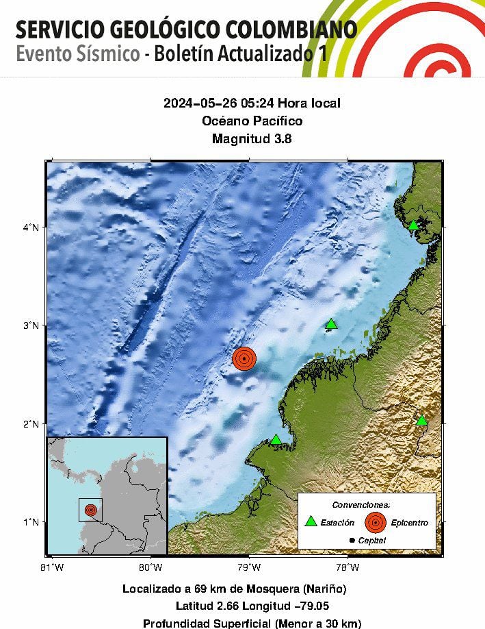 El Servicio Geológico Colombiano informó de un evento sísmico en territorio nacional - crédito @sgcol