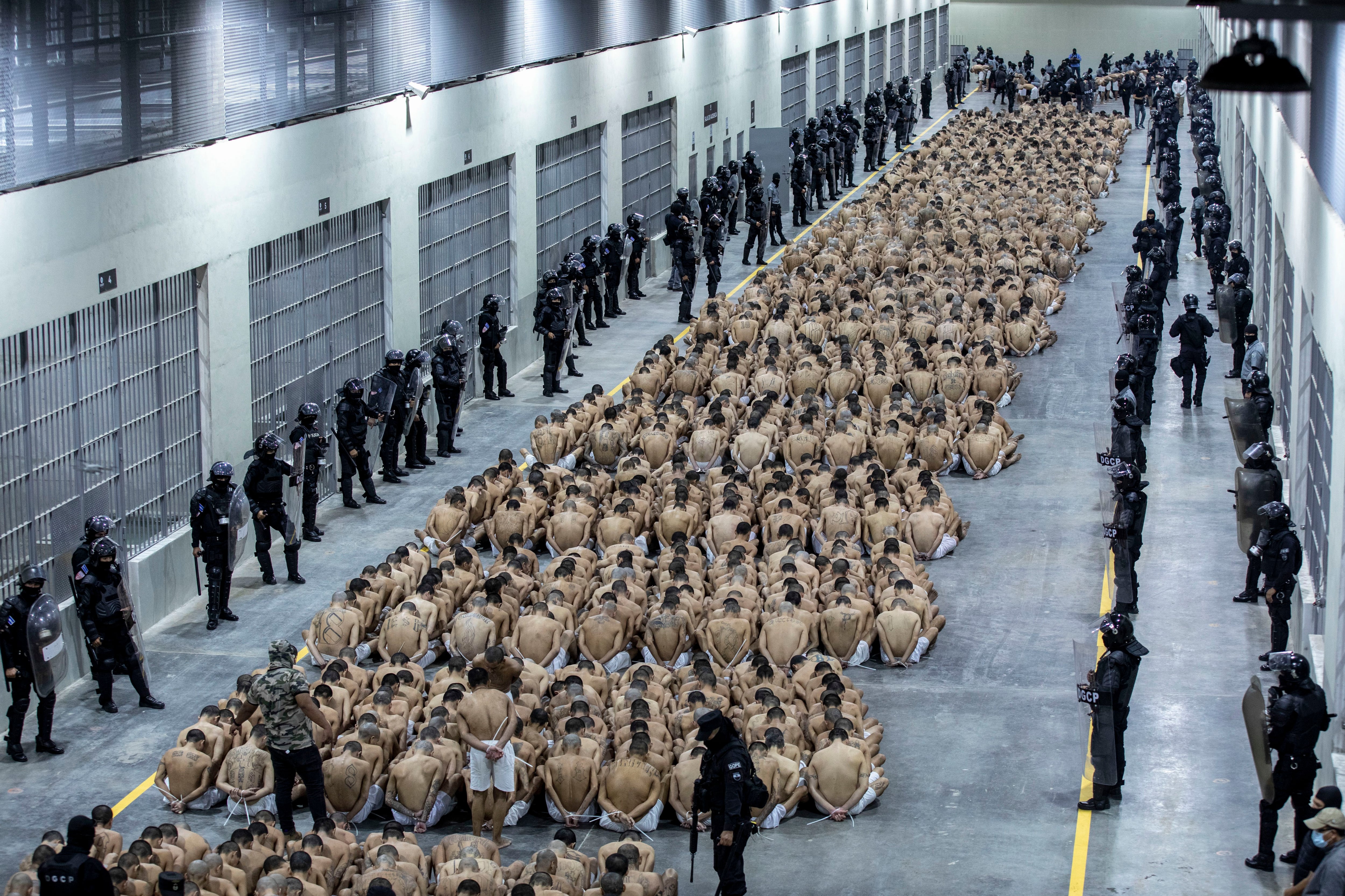 En esta foto difundida por la oficina de prensa presidencial de El Salvador, reclusos considerados por las autoridades como miembros de pandillas son trasladados a la mega prisión del Centro de Confinamiento del Terrorismo, en Tecoluca (Oficina de prensa presidencial de El Salvador via AP)