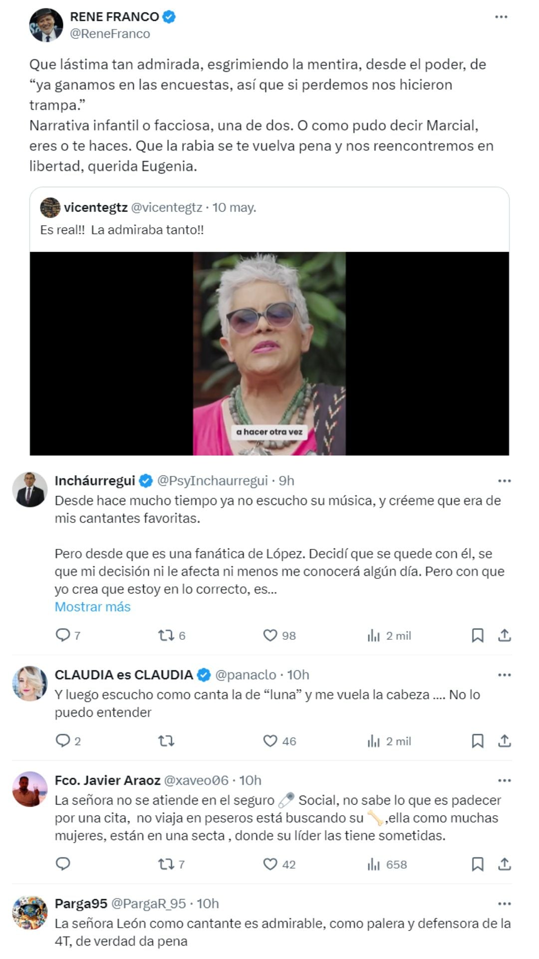 Las declaraciones de Eugenia León dividieron comentarios en X