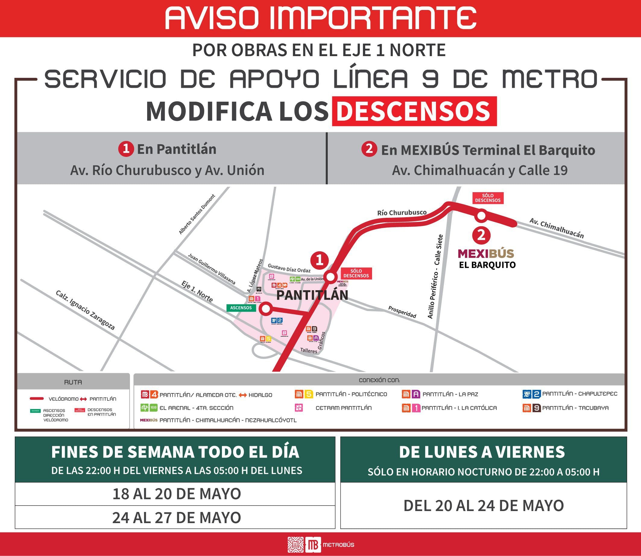 Nuevo servicio Metrobús Pantitlán Velódromo Línea 9 Metro CDMX- 16 mayo