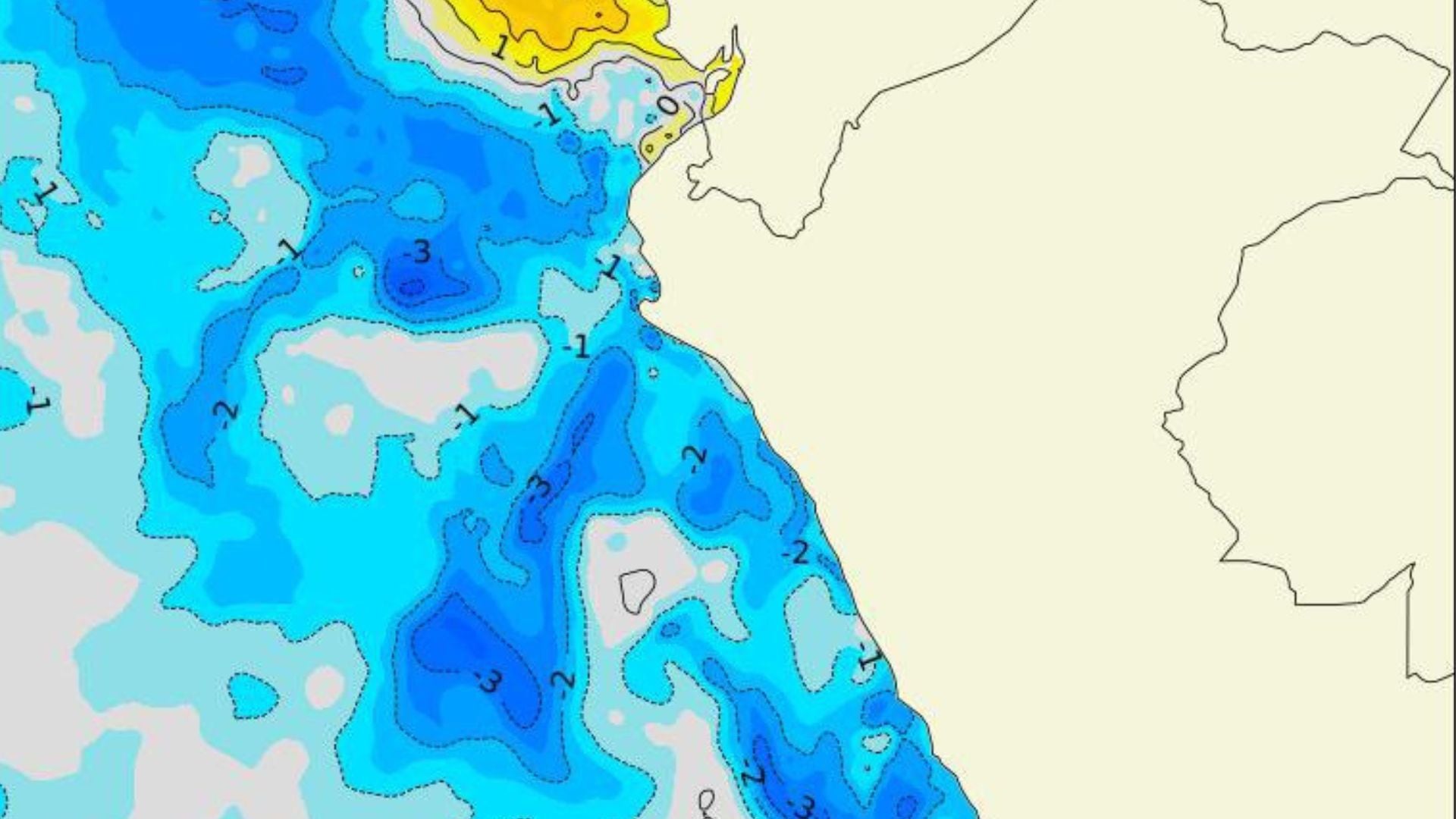 El gráfico compartido por Abraham Levy muestra el promedio de la anomalía de la temperatura superficial del mar del pasado 27 de mayo de 2024.