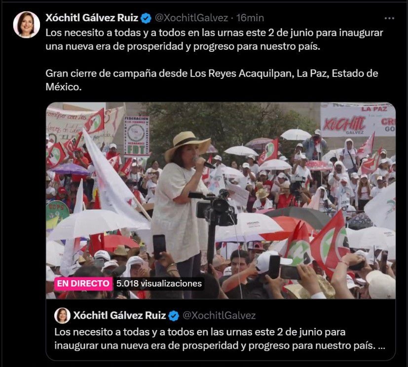 Xóchitl Gálvez realizó su primer evento del último día de campaña presidencial. | Captura de pantalla