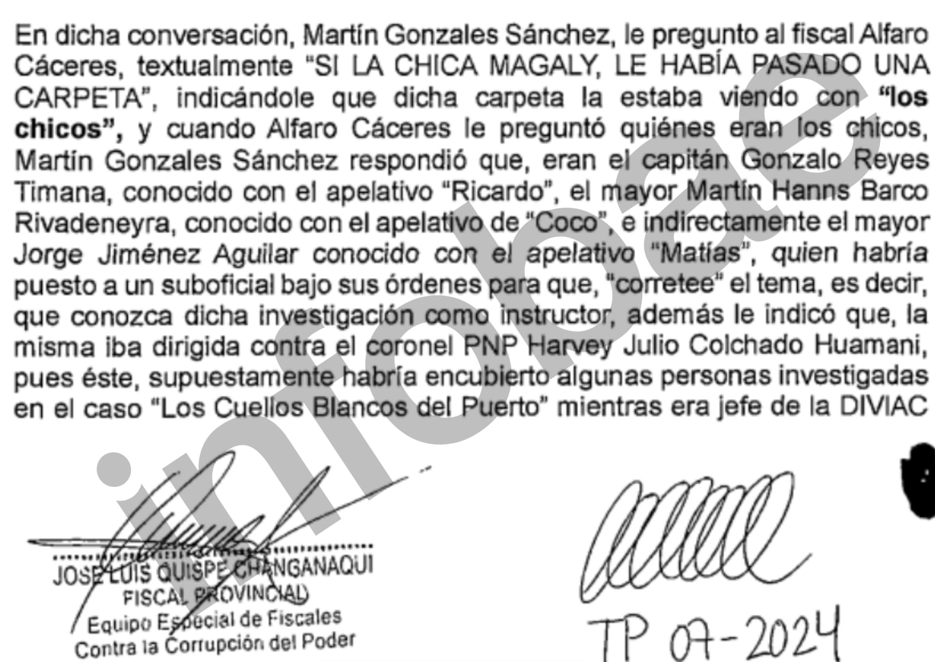 "La carpeta la estaba viendo con los chicos", detalló alias 'El Conejo' a Christian Alfaro Cáceres. Infobae Perú.