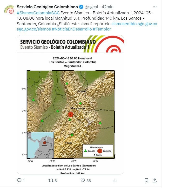 Este es el municipio de Colombia donde más sismos se reportan a la semana - crédito @sgcol/X