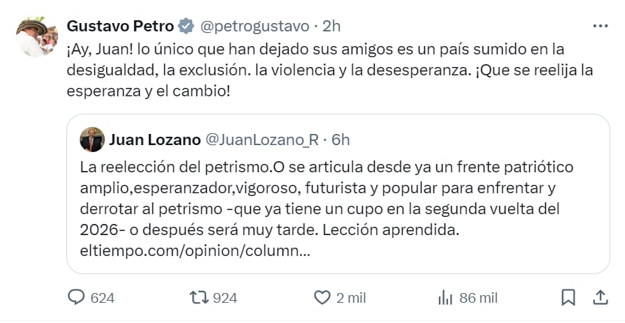 El presidente reprochó la petición que hizo el periodista Juan Lozano en su columna de opinión - crédito red social X