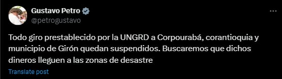 El presidente Petro pidió suspender el giro de recursos a algunas corporaciones regionales - crédito @petrogustavo/X