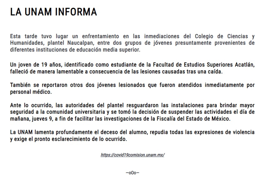 UNAM habló de los hechos ocurridos este miércoles en CCH Naucalpan. (Captura de pantalla)