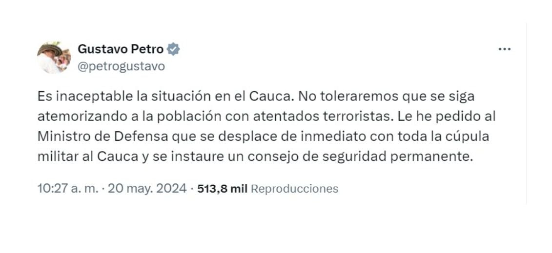 Gustavo Petro y su pronunciamiento por situación en el Cauca