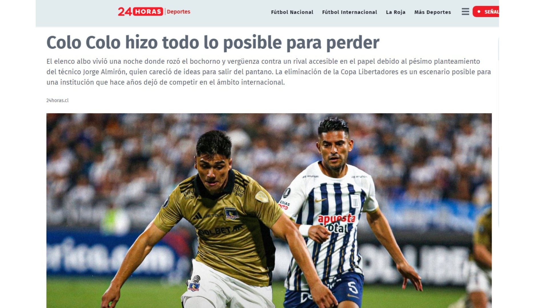 '24 horas' y sus tajantes comentarios sobre el accionar de Colo Colo ante Alianza Lima por Copa Libertadores 2024.