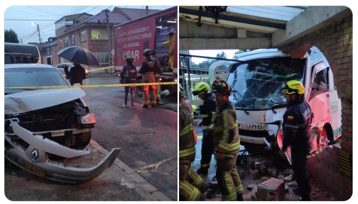 Siniestro en la localidad de  Barrios Unidos entre bus y automóvil que posteriormente colisionan contra objeto fijo (vivienda) en la Carrera 57B con Calle 66B, sentido sur-norte - crédito @BogotaTransito / X