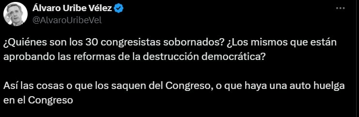 Álvaro Uribe se pregunta sobre los supuestos 30 congresistas sobornados @AlvaroUribeVel/X