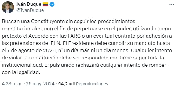 El expresidente criticó de nuevo la posibilidad de una asamblea constituyente en el país - crédito Iván Duque / X