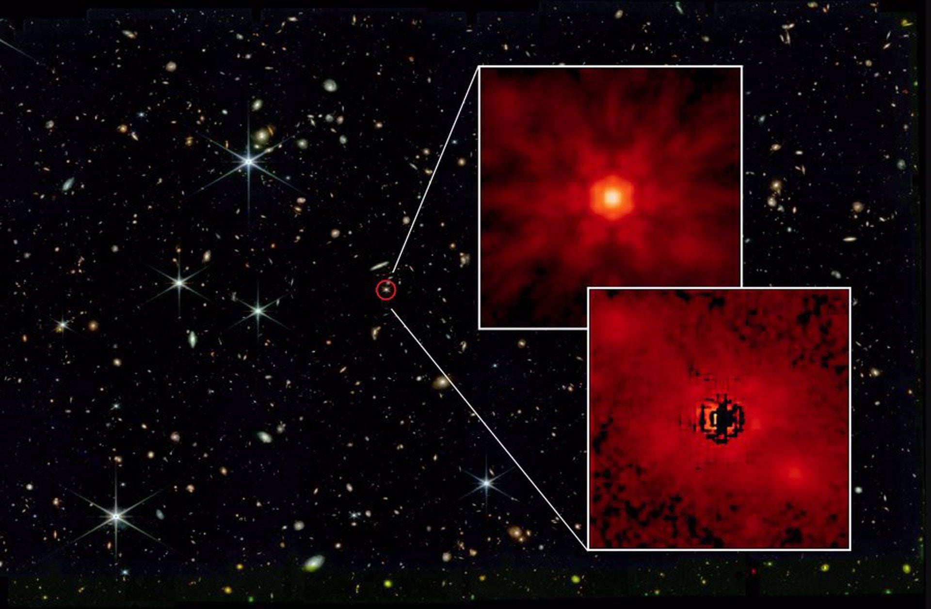 Una imagen del telescopio James Webb muestra el quásar J0148 rodeado de un círculo rojo. Dos recuadros muestran, arriba, el agujero negro central y abajo, la emisión estelar de la galaxia anfitriona.
(NASA)
