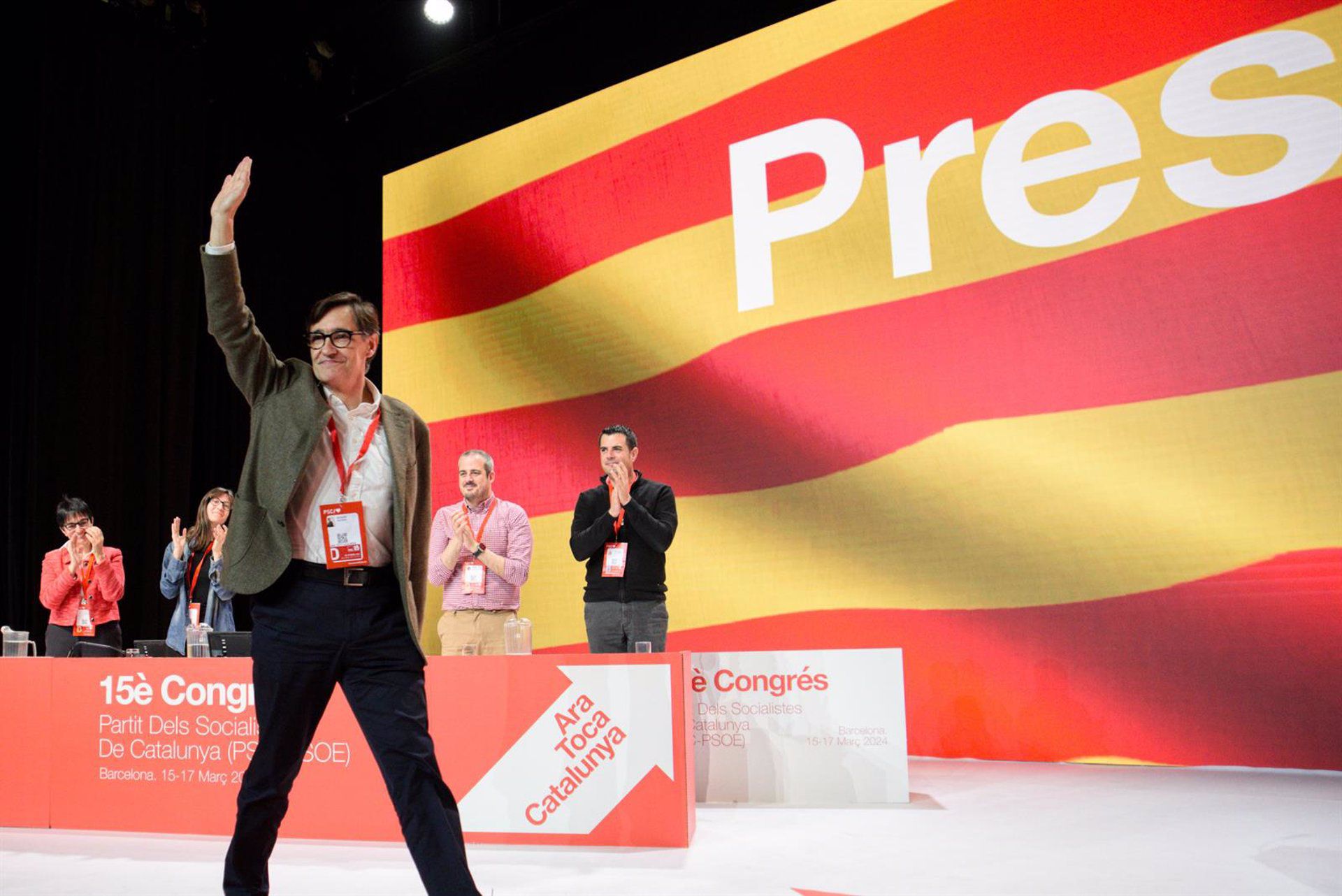 El primer secretario del PSC, Salvador Illa, durante la segunda jornada del XV Congreso del PSC, en el Palau de Congressos de Catalunya, a 16 de marzo de 2024, en Barcelona, Catalunya (España). (Alberto Paredes - Europa Press)