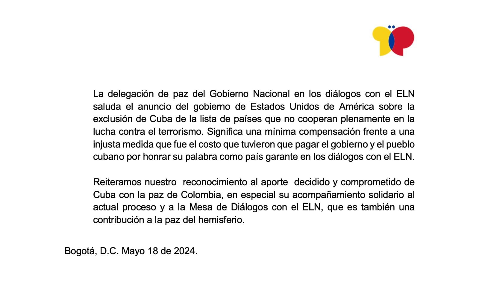 Delegación de paz saludó decisión de gobierno de Estados Unidos - crédito @DelegacionGob/X