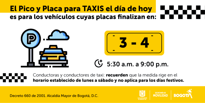 Esta será la restricción para los taxistas durante el fin de semana - crédito Movilidad Bogotá