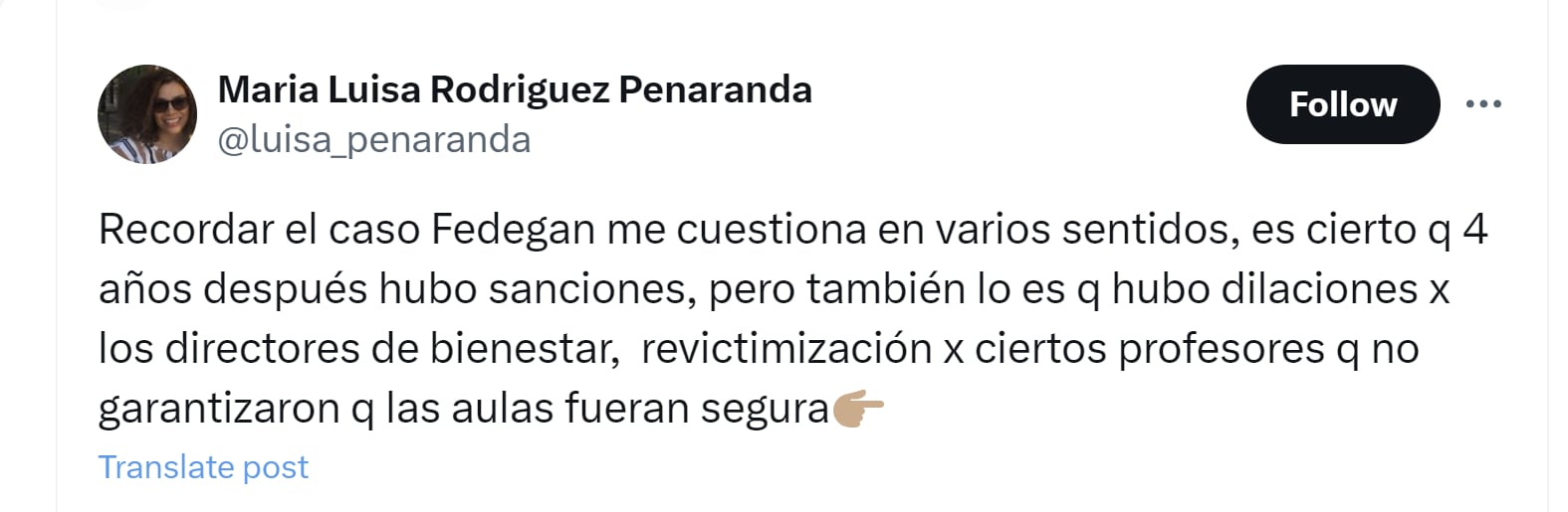 La docente María Luisa Rodríguez Peñaranda cuestionó las acciones de la Universidad Nacional en el caso Fedegán - crédito @luisa_penaranda/X